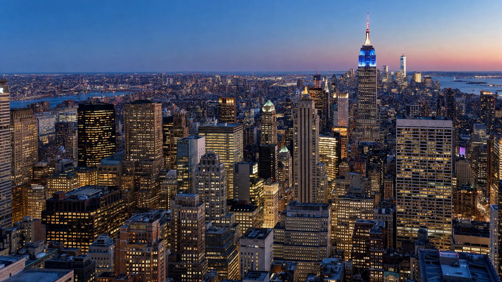 Midtown Manhattan skyline and the Empire State Building at dusk