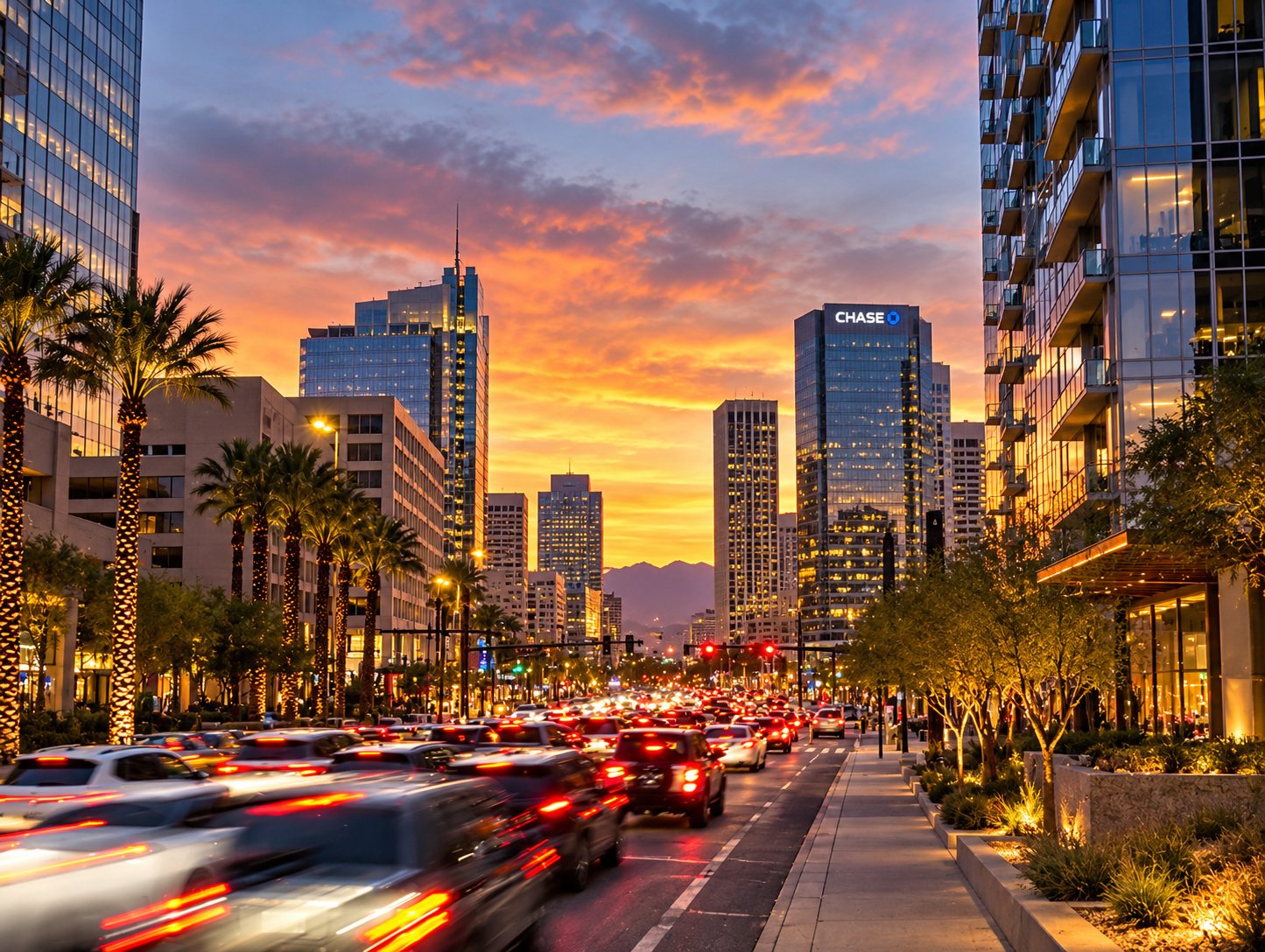 Downtown Phoenix avenue at sunset lined with high-rise towers